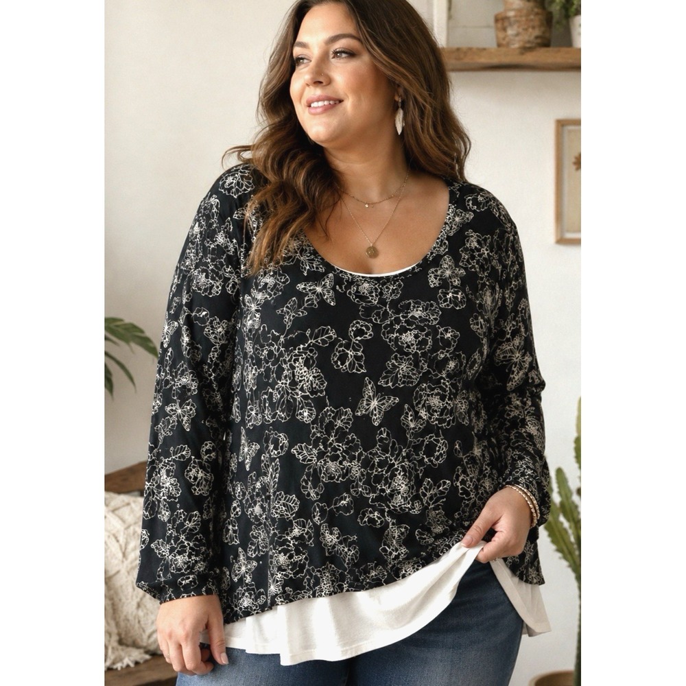J Jill Floral Casual Top Size 4X Layered Butterfly Stretch Comfort Relax Travel
